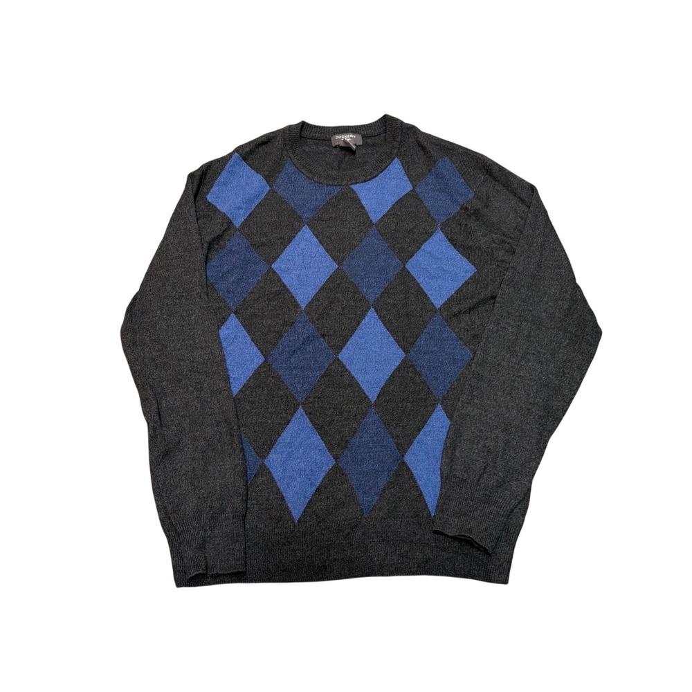 Dockers‎ Mens Argyle Sweater Large Blue Charcoal Grey Crewneck Acrylic Pullover